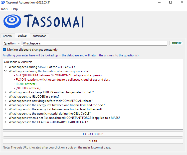 Preview of Tassomai Automaton lookup tab